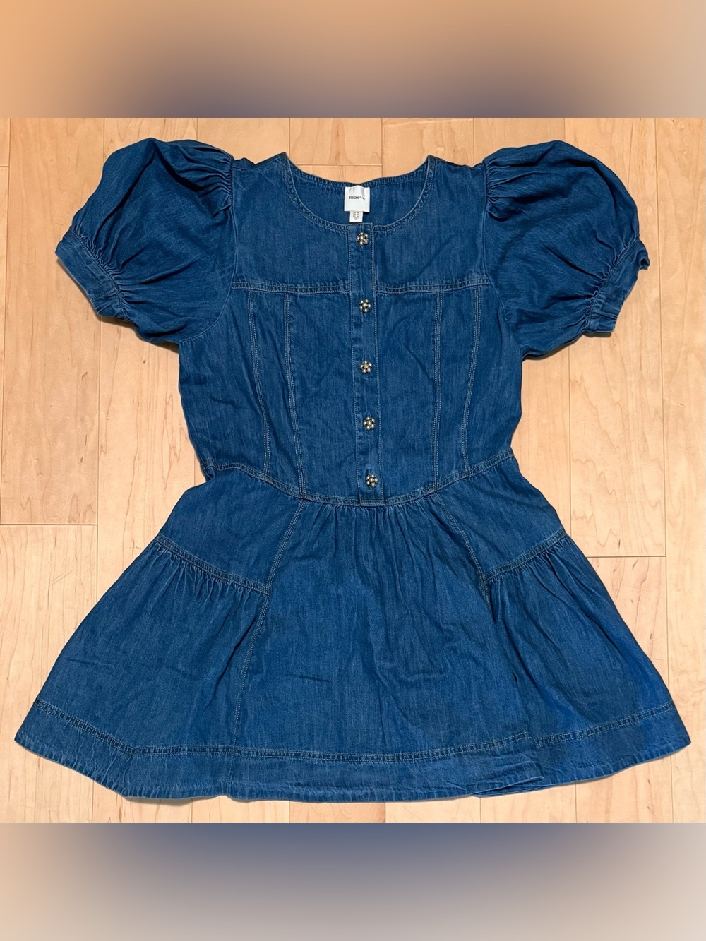 NWT Anthropologie Maeve Puff Sleeve Tiered Denim Mini Dress Blue Women’s 14